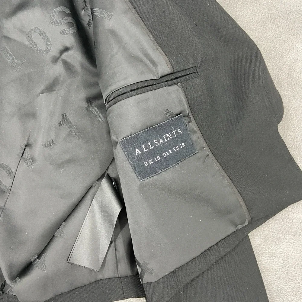 AllSaints Cropped Blazer Jacket Women's 6 Black Formal Shawl Collar Open Front - Picture 4 of 10
